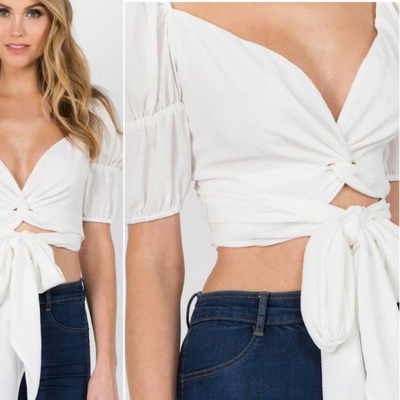 Snow Bird Tie Front Top Puff Sleeve White - Picture 3 of 4